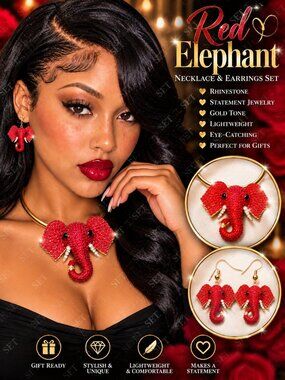 Red Rhinestone Elephant Necklace & Earrings Set Gold Tone Statement Jewelry